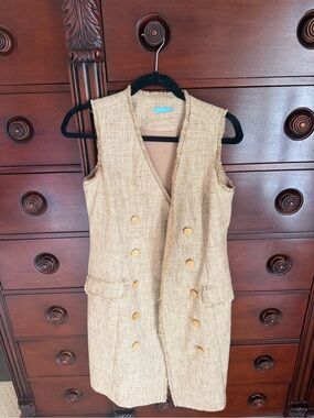 Sleeveless Beige Tweed Double-Breasted Dress Vest